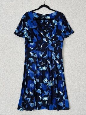 Chaps Womens Dress Large Blue Abstract Floral V Neck Midi Stretch Office READ